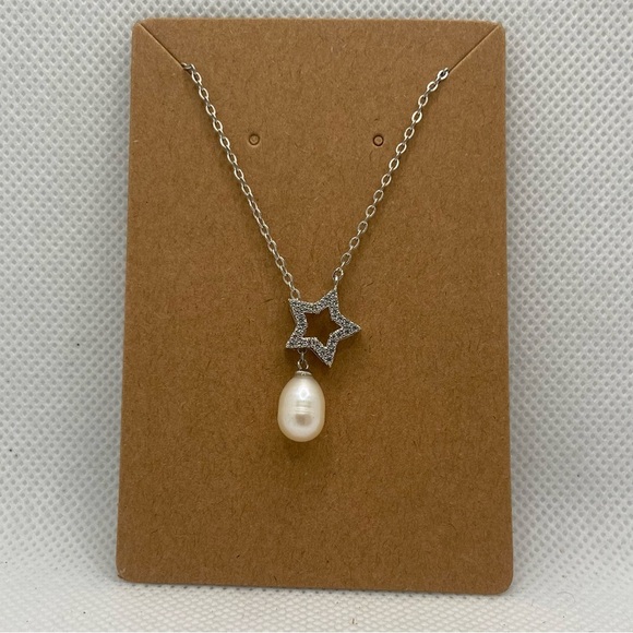 Adjustable Silver Star Pendant Necklace with Pearl Drop - Picture 1 of 4